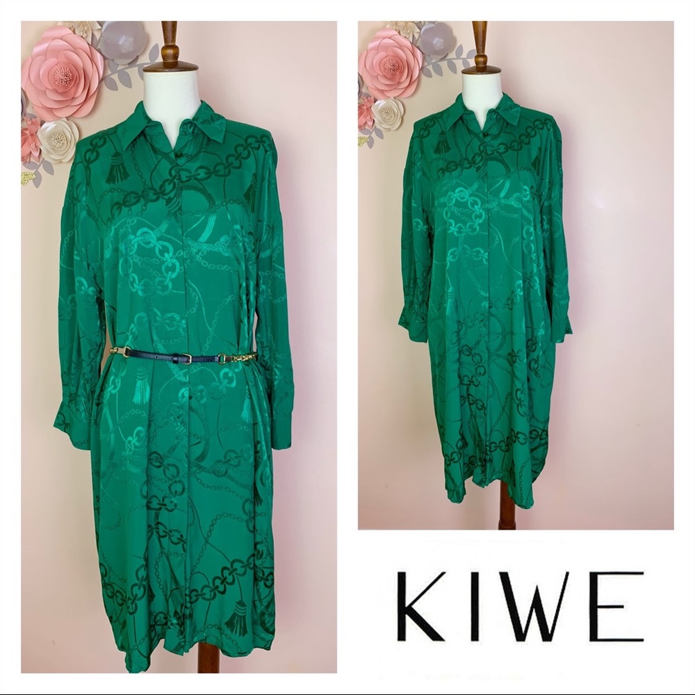 New! KIWE Jaquard Chain Pattern Shirt Dress in Deep Green